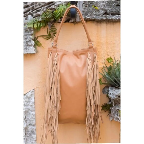 NWT AREA Stars Fringe Faux Leather HOBO Bag, 17"x12.5"X4", Light Brown C… - Picture 2 of 9